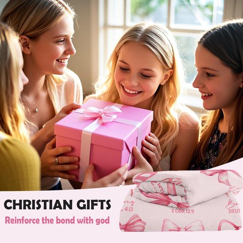 Henazin Christian Gifts For Women, Bow Blanket 60"X50", Religious Catholic Gift For Woman, Baptism Confirmation Gift For Girls Pink, Inspirational Spiritual Birthday Present For Daughter Sister Friend