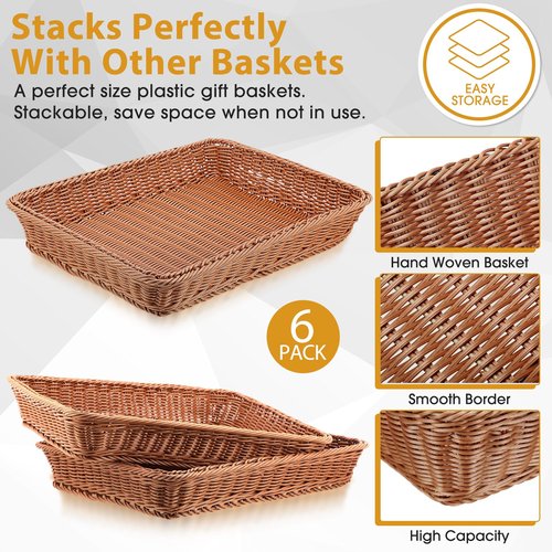 Eccliy 6 Pack Poly Wicker Bread Baskets 19 Inch Imitation Rattan Serving Trays for Bread Snacks Fruit Vegetables Tabletop Display Basket for Kitchen Restaurant Home Hotel