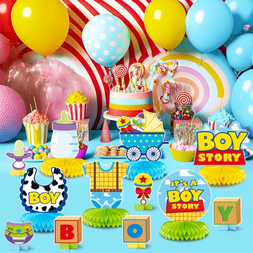 Andi Cppss Boy Story Honeycomb Centerpieces - 12PCS Boy Story Baby Shower Party Honeycomb Centerpieces Baby Boys Party Table Decoration It’s a Boys Stories Table Topper for Birthday Party Supplies