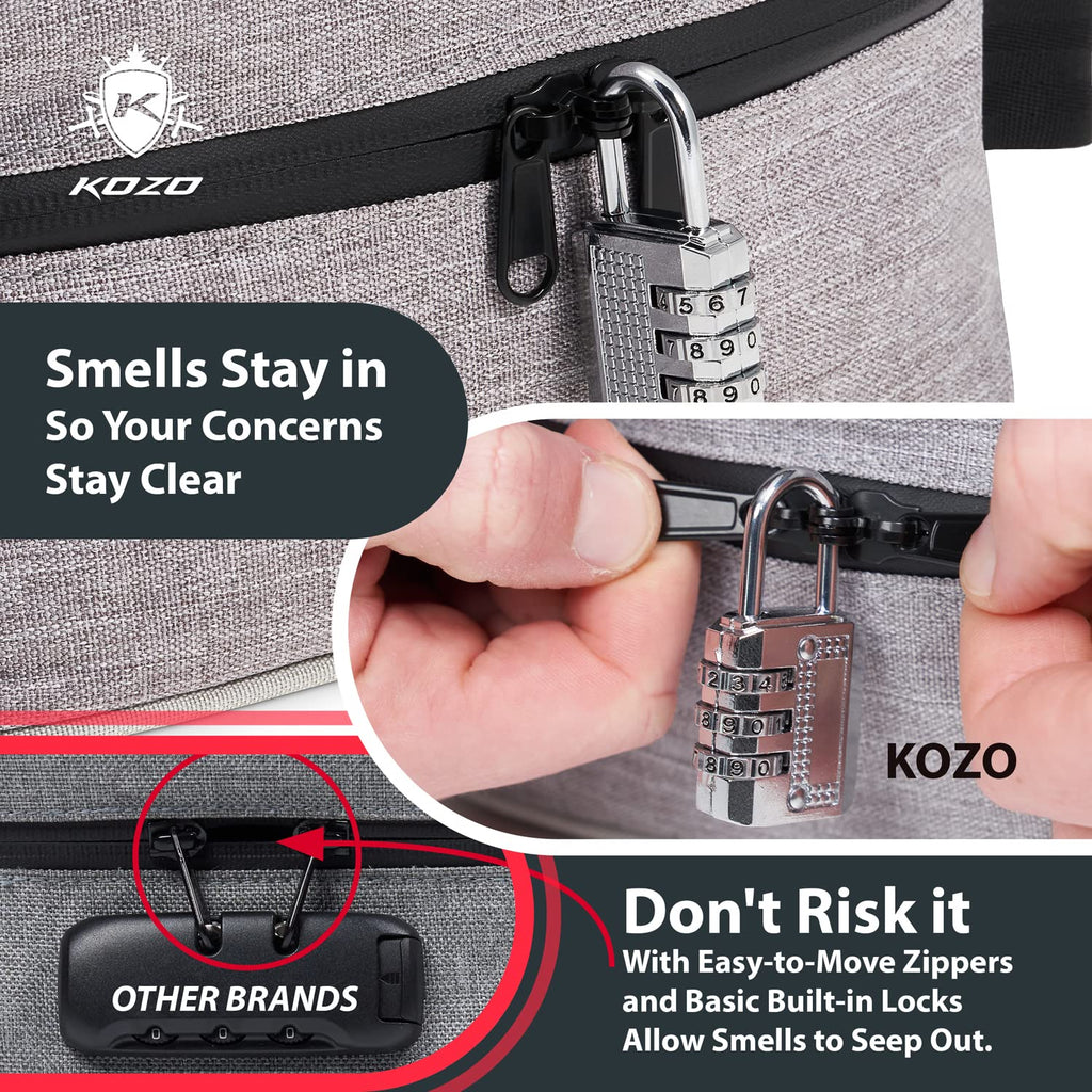KOZO Smell proof Bag with Combination Lock – Portable Bags with Tightly Locking Zippers and 7 Layers of Carbon-Woven Fabric – Durable Case, 4.9 x 6.7 x 8.7 In. (Gray)