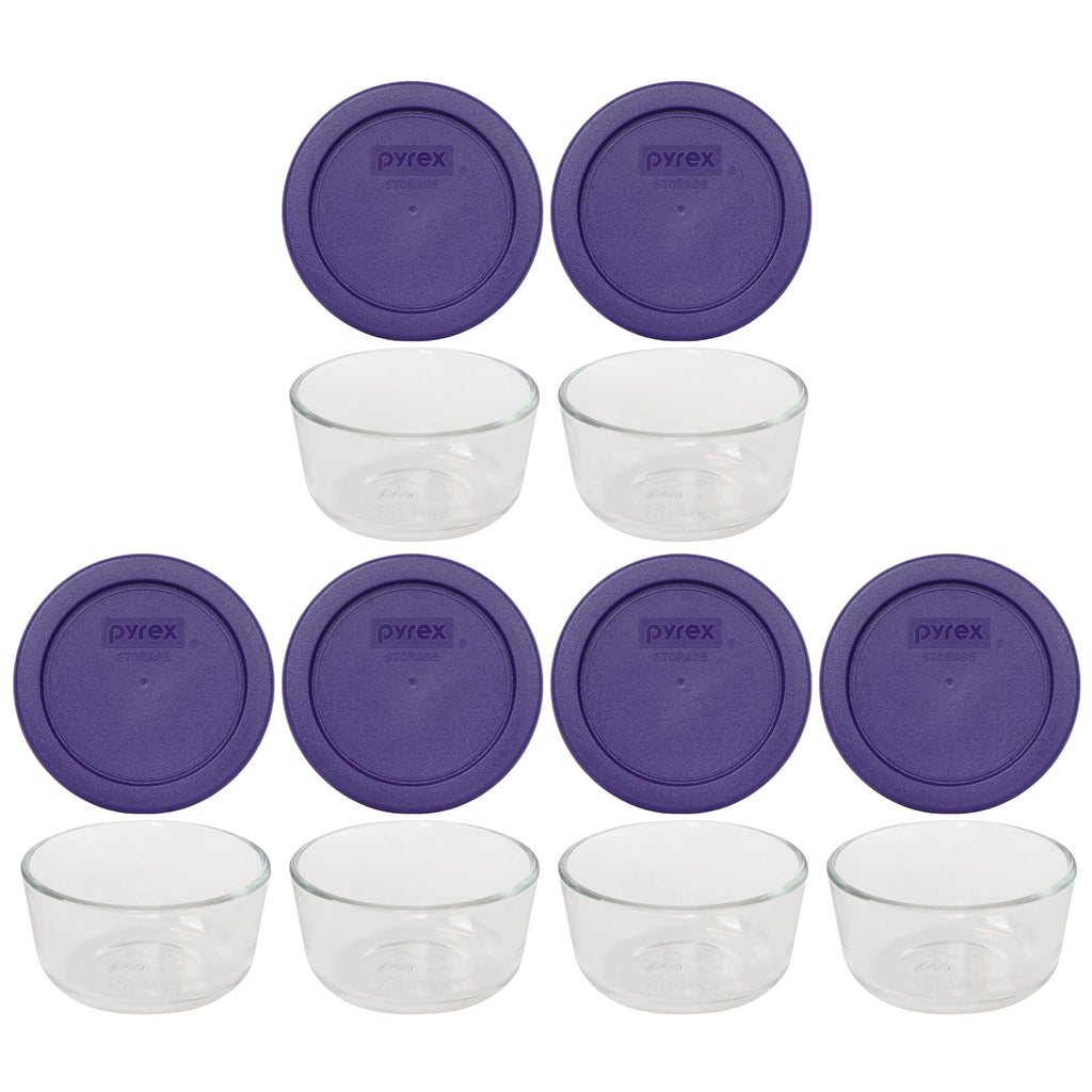Pyrex 7202 1 Cup Glass Bowls & 7202-PC Plum Purple Lids (6-Pack) - Made in USA