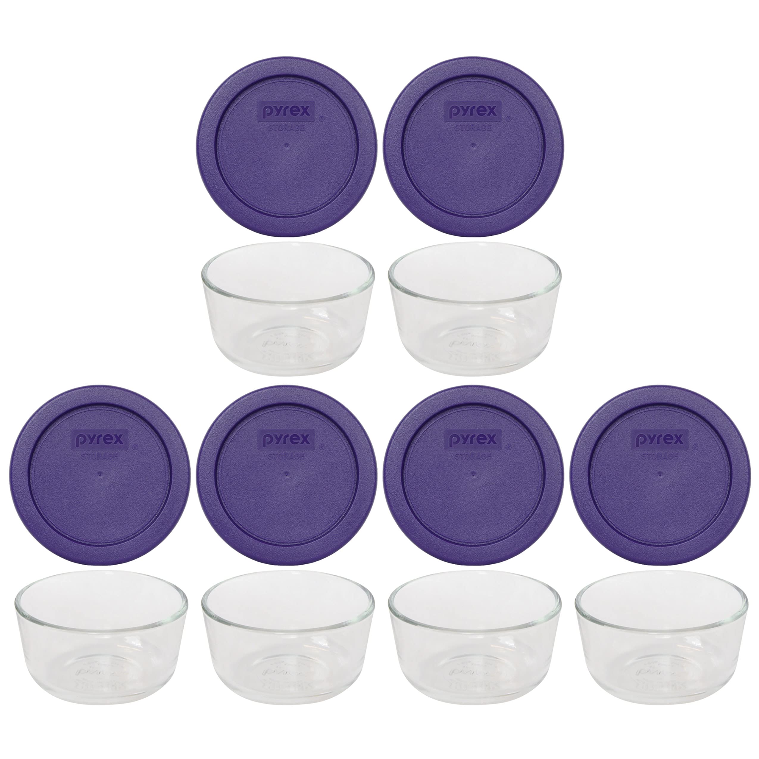 Pyrex 7202 1 Cup Glass Bowls & 7202-PC Plum Purple Lids (6-Pack) - Made in USA
