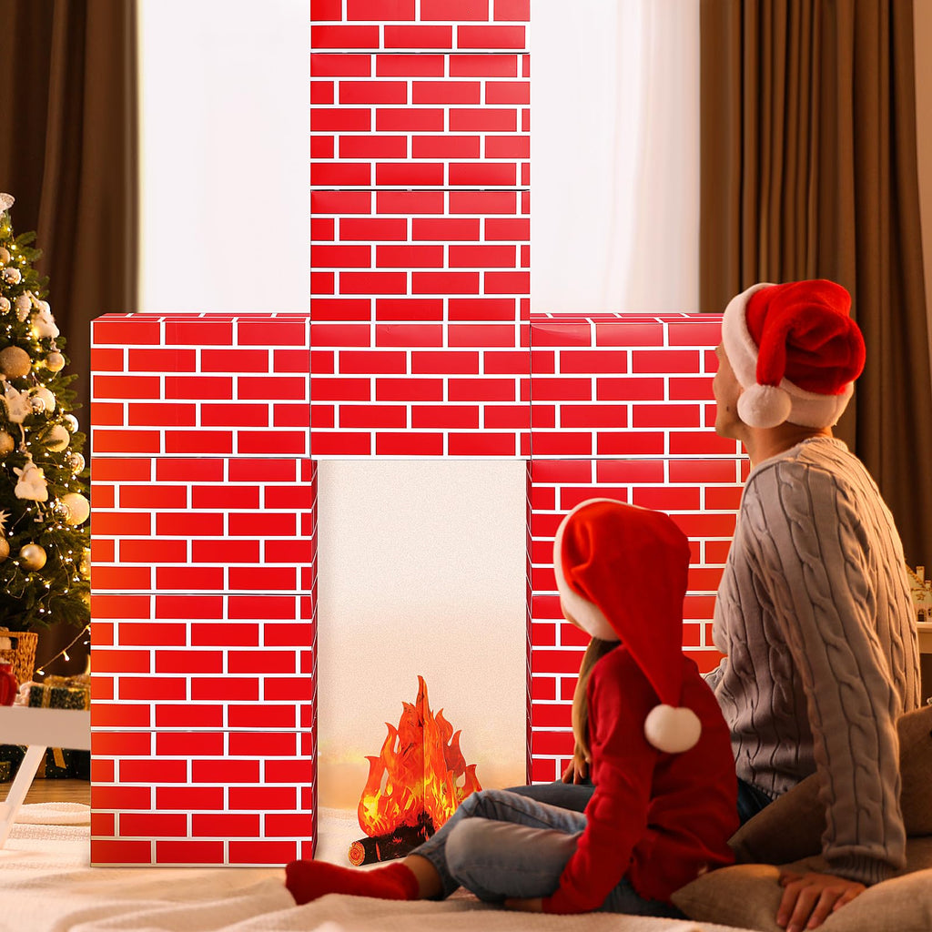 Fullhawl 13 Pcs 3D Winter Cardboard Fireplace 39 x 59 Inch DIY Winter Artificial Fireplace with 3D Fire Flame Prop Fake Fire Place Backdrop for Xmas Party Background Decoration(Red Brick)