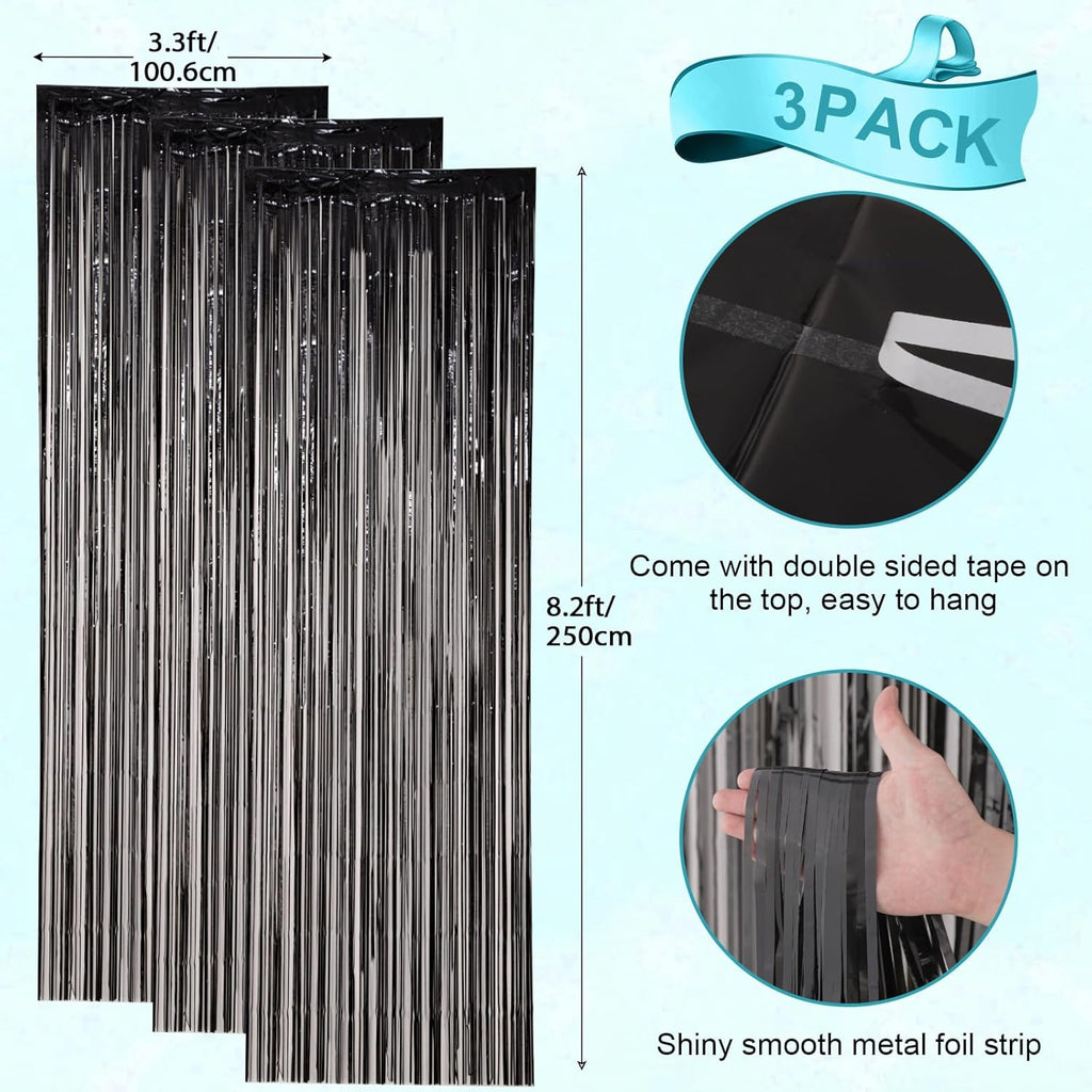 Voircoloria Black Foil Fringe Backdrop Curtains - 3 Pack of 3.3x8.2 Feet Tinsel Streamers for Parties