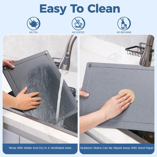 Zinovo 5pcs Stone Dish Drying Mats for Kitchen Counter,Quick Dry Water-Absorbent Diatomaceous Stone,Heat Resistant,Non-slip Bracket, Faucet Mat For Bathroom /Sink/Washbasin,For Cups /Bottles,Gray