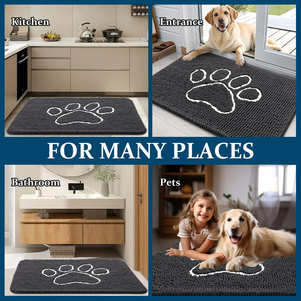OLANLY Dog Door Mat - Absorbent Non-Slip Mud Mat for Paws | 36x24 Dark Grey Chenille Design