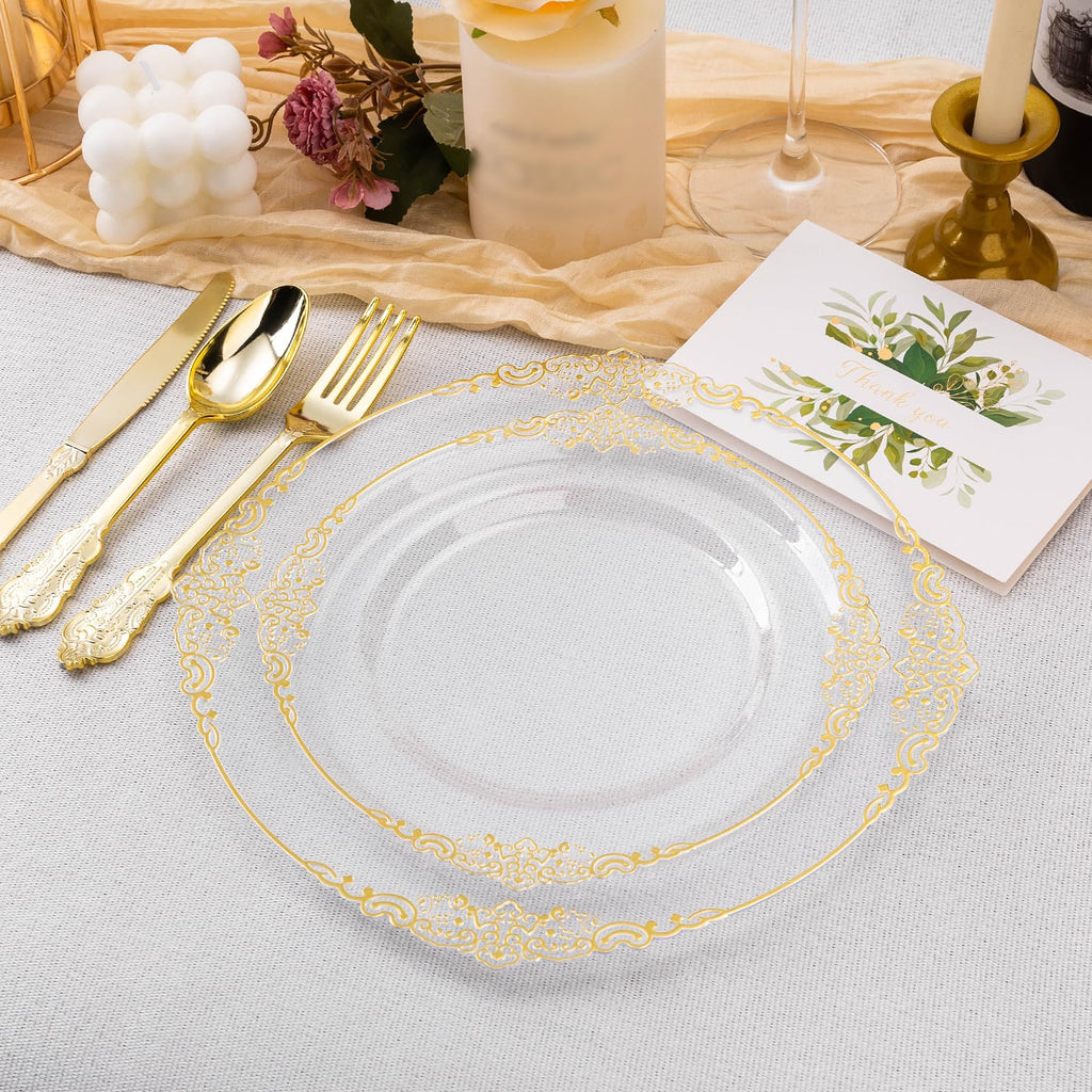 Bestluck 100 PCS Clear and Gold Plastic Plates for 50 Guests, Clear Disposable Plates Include 50 PCS Dinner Plates, 50 PCS Dessert Plates for Party, Wedding