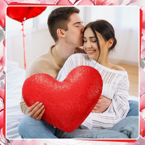 Yookeer Glitter Sequins Heart Shaped Pillow 14'' x 12'' Valentine's Day Decorative Sparkling Throw Pillows Solid Soft Shiny Cushion for Women Valentine Wedding Anniversary Bed Couch Decor(Red)