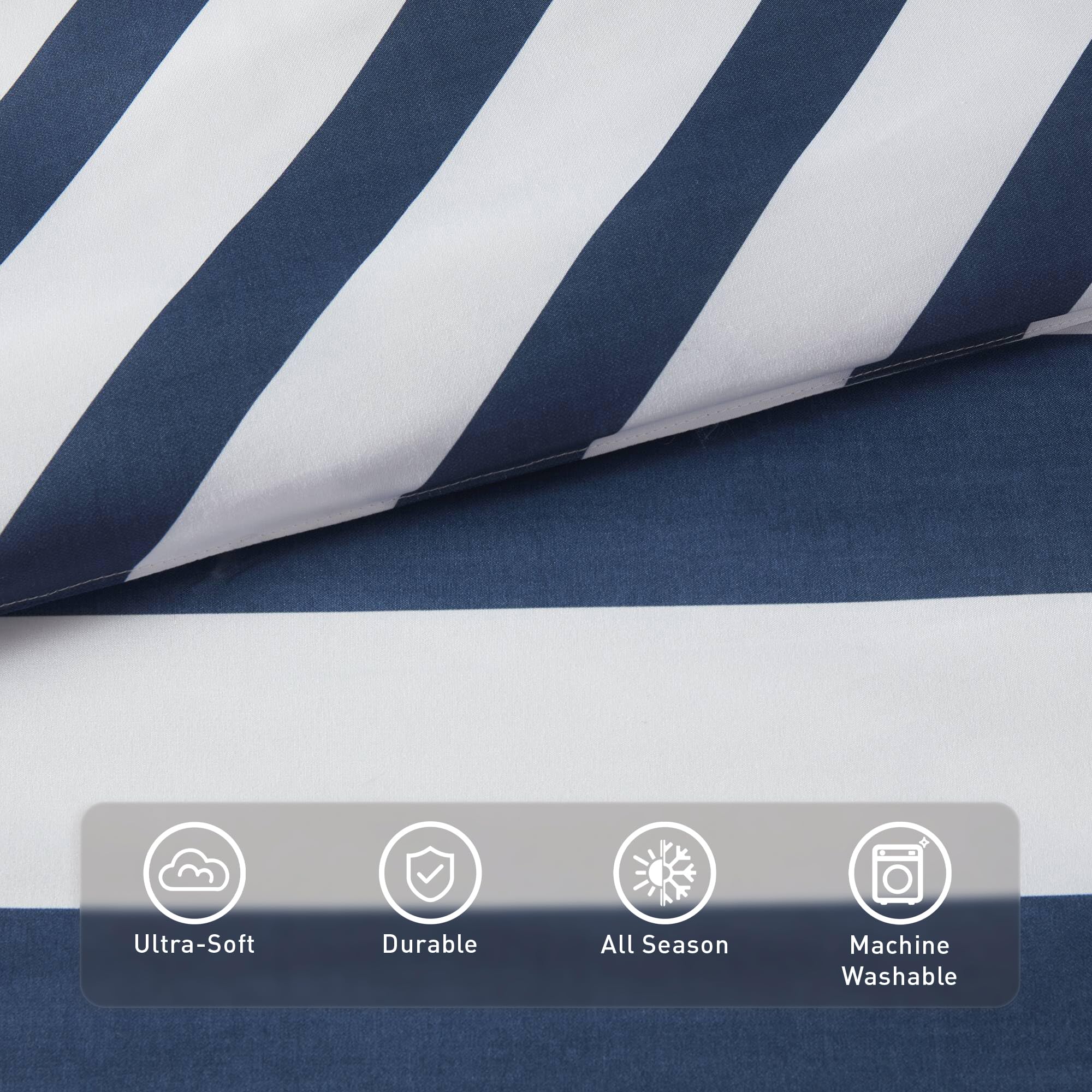 Reversible Striped Full Comforter Set-Bed in A Bag 7-Pieces Bedding Set with Double-sided Stripes Design-Warm & Cozy Bed Set Includes Full Size Comforter, Sheets Set, Pillowcases and Shams, Navy
