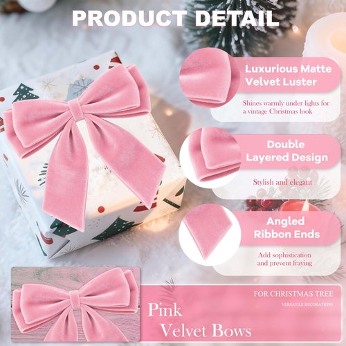 24Pcs Velvet Bows for Christmas Tree, Pink Bows Christmas Decorations with Twist Tie, Bulk Lovely Cute Velvet Ornaments for Wreath Garland Gift Wrapping Wedding Champagne Parties Decor, 6*6in