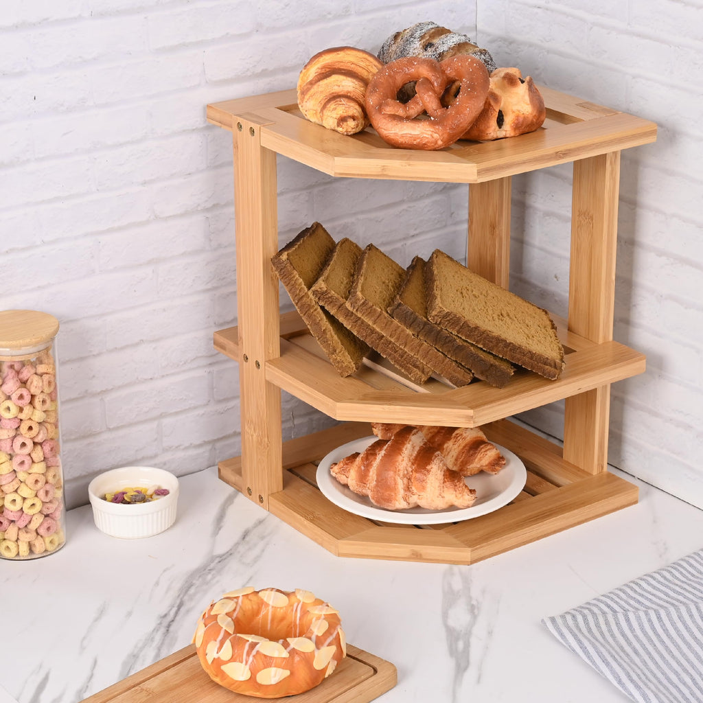 YUBAMIN Bamboo Kitchen Cabinet Organizer, 3 Tier Spice Rack Organizer for Cabinet, Space-Saving Spice Corner Shelf, Multi-Purpose Kitchen Counter Shelf for Spices, Plates, Fruits, Bread and Canned