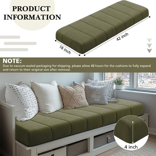 Wenqik Bench Cushion 42x16x4 Inch for Indoor Outdoor Furniture Tufted Thicken Bay Window Seat Cushion Non Slip Waterproof Dining Piano Bench Pad Pillow Anti Cat Scratch for Patio Porch Swing, Green