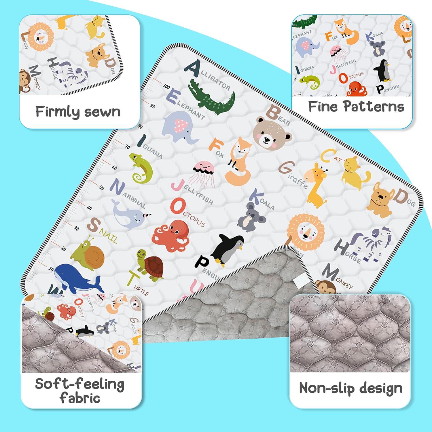 Skiennix Baby Play Mat - Thick, Soft, Non-Slip 50" x 50" Crawling Mat for Infants & Toddlers | Machine Washable, Animal Alphabet-A
