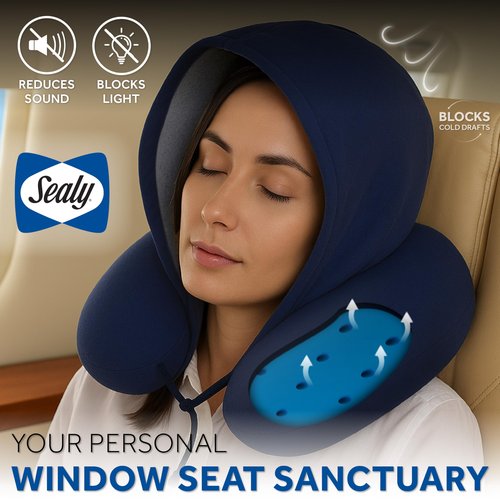 Sealy, Infused-Gel Hooded Travel Pillow with Airflow Memory Foam, Tailored Just for You with Contoured Support, The Ultimate Rest for Flights, Rides, and Your Home, Blocks Cold Drafts, Navy