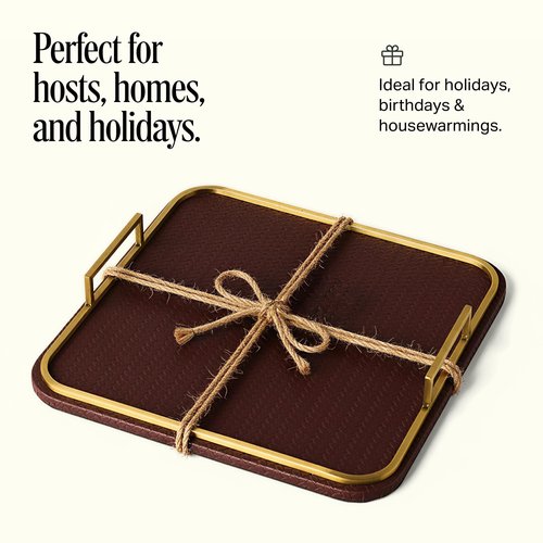 Preston Lane Mayfair Decorative Tray – Vegan Leather with Woven Texture, Brushed Brass Handles – Serving, Dresser & Coffee Table Tray, Espresso