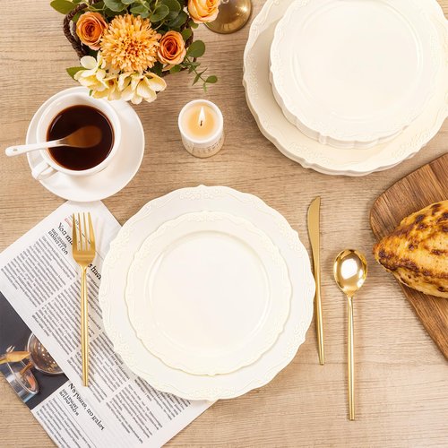 U-QE 100 Pieces Ivory Plastic Plates for Party - Ivory Disposable Plastic Plates - Heavy Duty Disposable Platos Including 50 Dinner 10 '' & 50 Dessert 7.5 '' for Valentine's Day