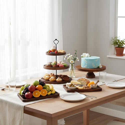 RattanView 7 Pcs Wooden Dessert Table Display Set Round Cupcake Tower Stand Rectangular Serving Tray Cookie Cake Macaron Platter for Display Centerpiece Tea Party Baby Shower Wedding Birthday