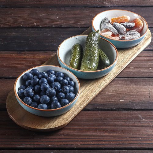 Artena 6oz Turquoise Ceramic Chips and Dip Platter - Acacia Wooden Tray & Small Bowls Set