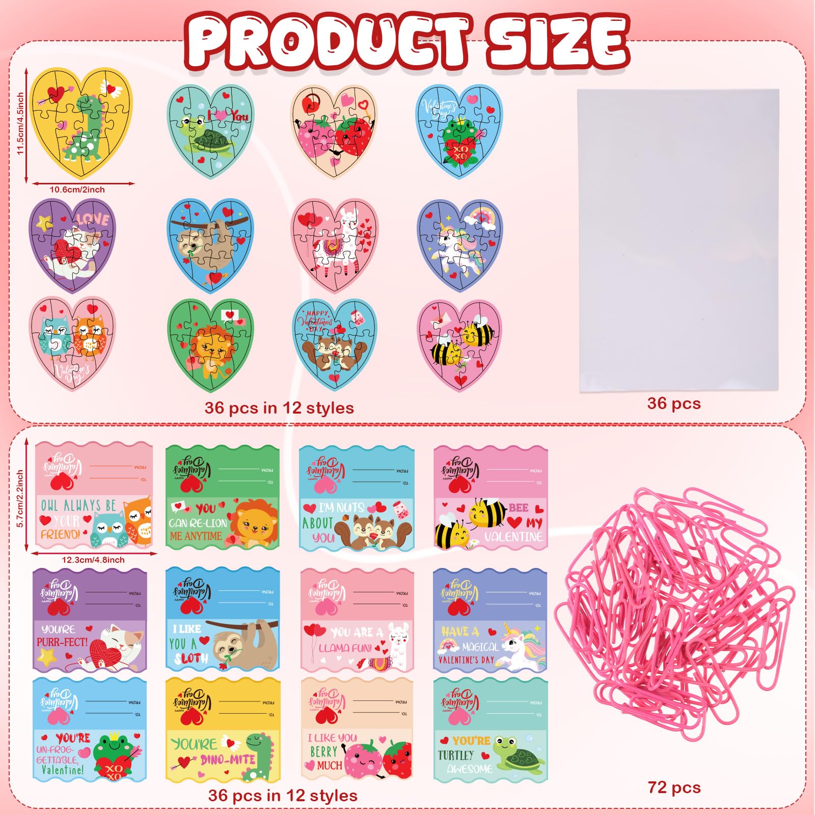 Seenelling 36 Sets Valentines Gifts for Kids Classroom Exchange, Animal Heart Puzzles with Cards, Clear Gift Bags & Clip, Cute Classroom Bulk Valentine Party Favors for Boys Girls School Gift Exchange