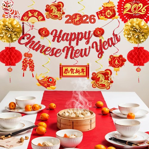 Chinese New Year Decorations 2026, Lunar New Year Decorations includes Happy Chinese New Years Banner Hanging Swirls and Red Lanterns, Year of the Horse Party Supplies for Home Office