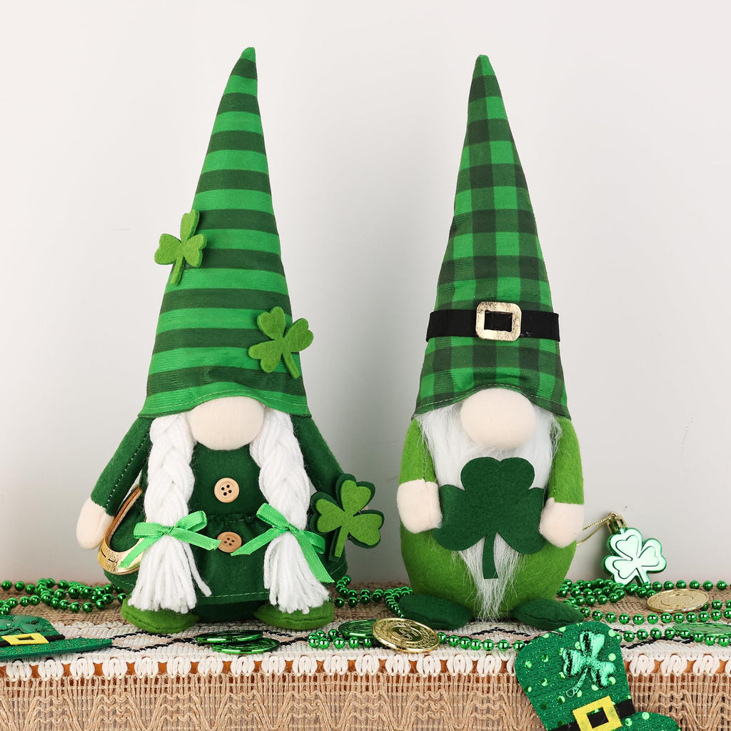 St. Patrick's Day Decor, 2 Pcs Shamrock Gnomes Plush Handmade Green Irish Gnome Scandinavian Tomte Leprechaun Home Table Centerpiece, Office Irish Gifts