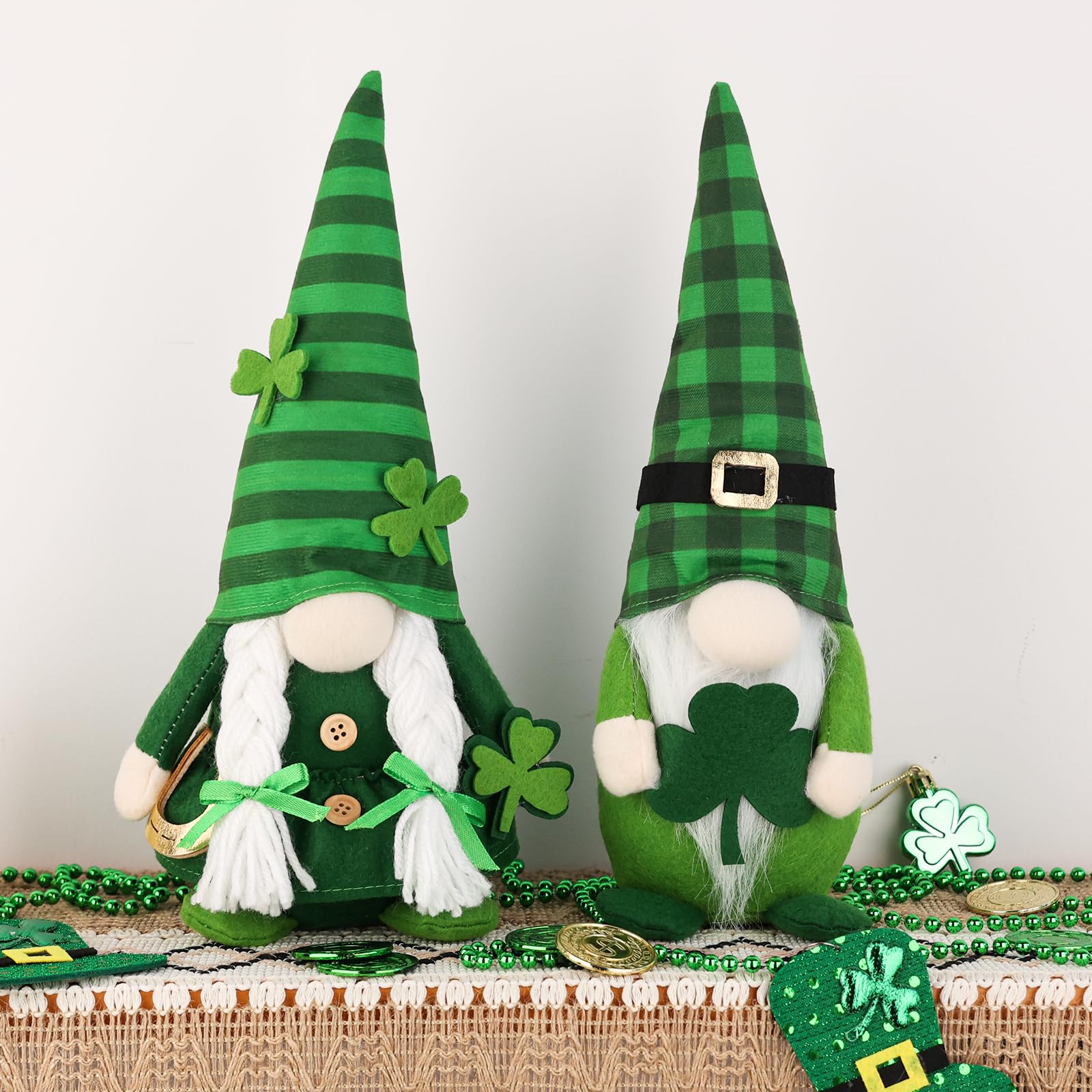 St. Patrick's Day Decor, 2 Pcs Shamrock Gnomes Plush Handmade Green Irish Gnome Scandinavian Tomte Leprechaun Home Table Centerpiece, Office Irish Gifts