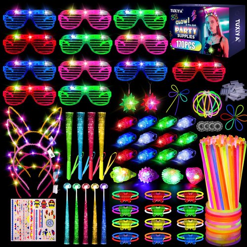 TUXIYA 170PCS Glow in the Dark Party Supplies for Adults,Light Up Party Favors with Glow Sticks,LED Glasses,Finger Lights,Headband,Rings,Tattoos,DIY Glow Necklaces Bracelets for Glow Neon Party