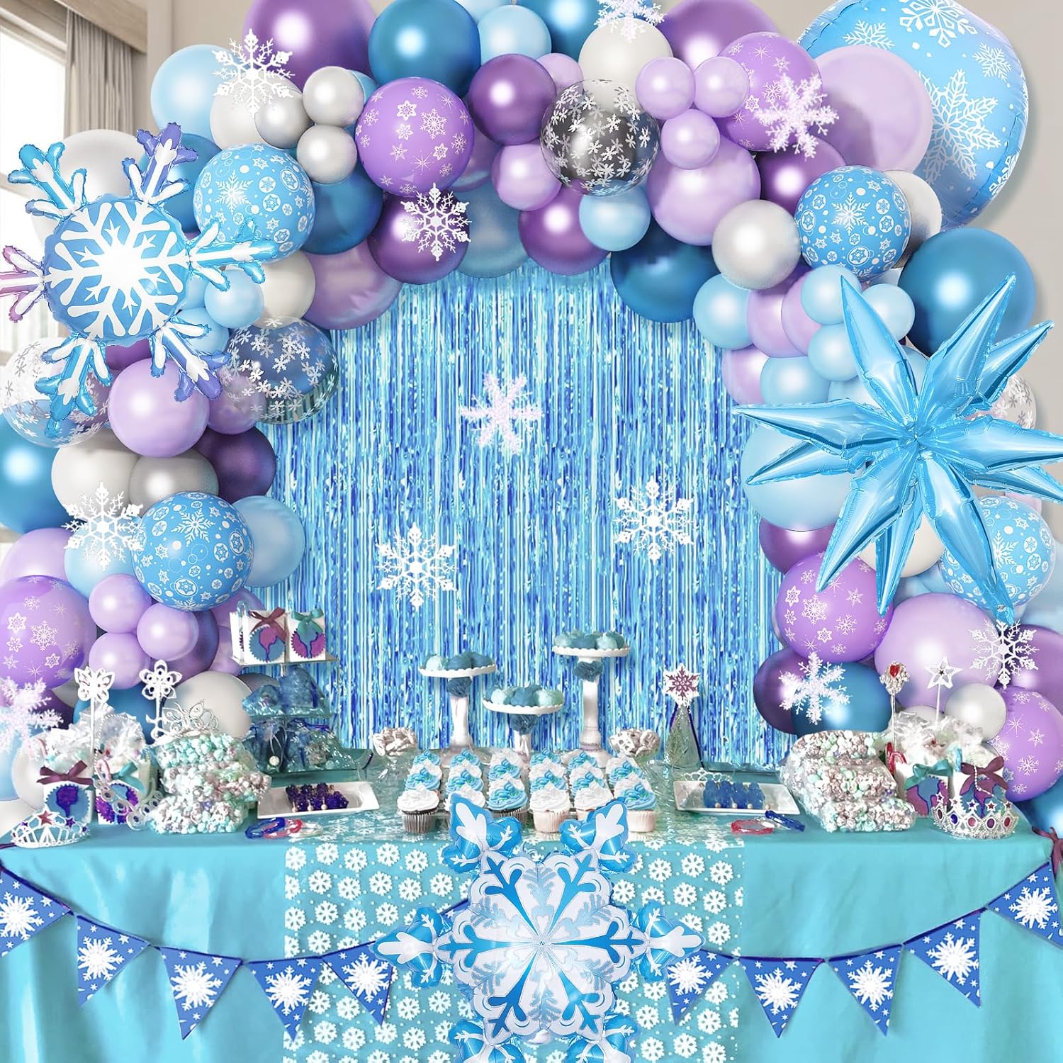 Amandir Snow Birthday Party Supplies - 162PCS Balloon Garland & Fringe Curtain | Blue & Purple Winter Wonderland Decor