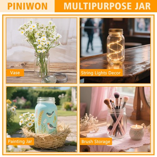 PINIWON 12 oz Mason Jars with Lids and Bands, 20 Pack Regular Mouth Canning Jars, Clear Glass Jars for Canning, Pickling, Food Storage, DIY Projects, 36 Labels, Brush & String Included