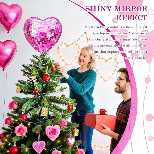 Gejoy Valentine's Day Tree Topper Disco Heart Sequin Ball Treetop Decoration Glitter Heart Ornament Flash Love Topper Decor 9.06'' x 6.69'' for Valentine's Day Party Supplies Gift(Pink)