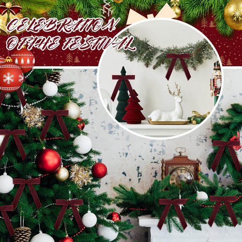 30 Pcs Christmas Velvet Wreath Bow, 5 x 7 Inch Vintage Velvet Ribbon Bows Rustic Crafts Gift Bows for Indoor Outdoor Wreaths Garland Holiday Xmas Tree Wrapping Crafts (Burgundy Red, Width of 1")