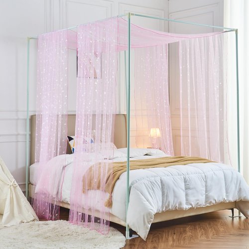 WANFASO Pink Horse Canopy Bed Curtains with Lights, Princess Bed Canopy for Girls Kids Room Decor, Sheer House Twin Bed Canopy Curtains Scarf (2 Panel)