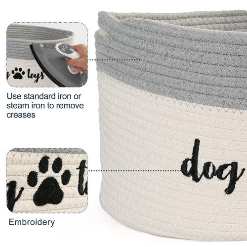 PrimePets Cotton Rope Dog Toy Basket, Small Basket with Handles, Woven Storage Bin for Dogs Pets, 15x10x9 inch Pet Basket Container Holder for Toys, White and Grey