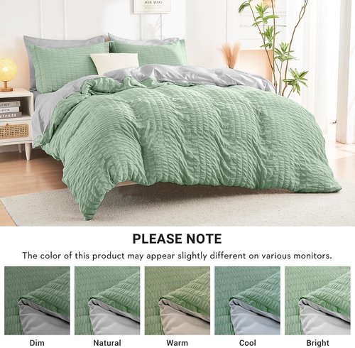 HYMOKEGE Twin XL Comforter Set - Sage Green & Light Grey Seersucker | 5-Piece All-Season Luxury Bedding Set