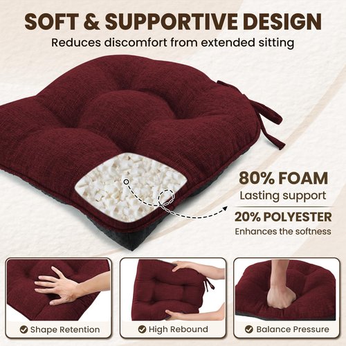 downluxe Indoor Chair Cushions for Dining Chairs, Tufted Overstuffed Textured Kitchen Chair Pads with Ties and Non-Slip Backing, 15.5" x 15.5" x 4", Burgundy, 4 Pack