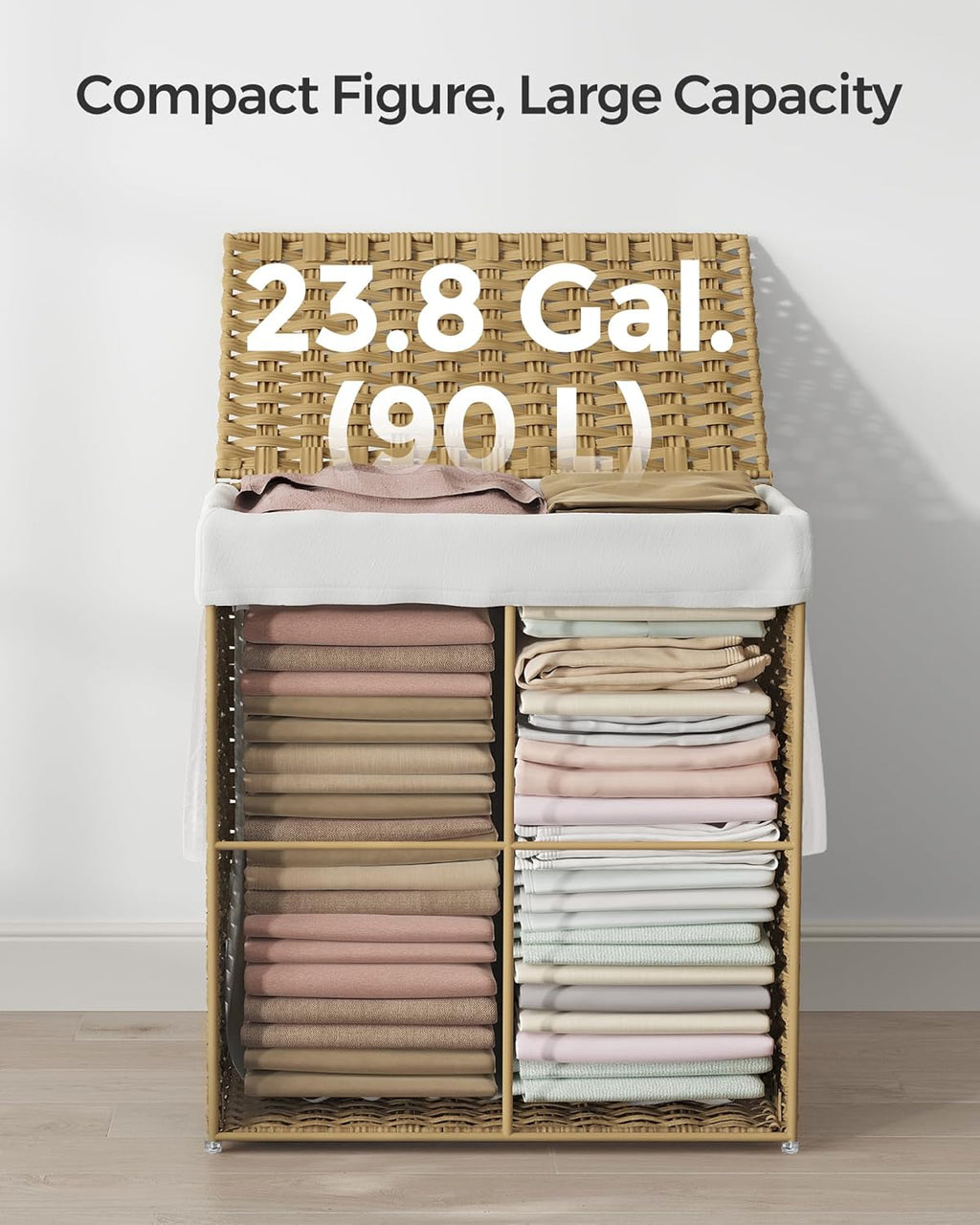 SONGMICS Laundry Hamper - 23.8 Gallon Synthetic Rattan Basket with Lid & Handles | Foldable, Goose Yellow