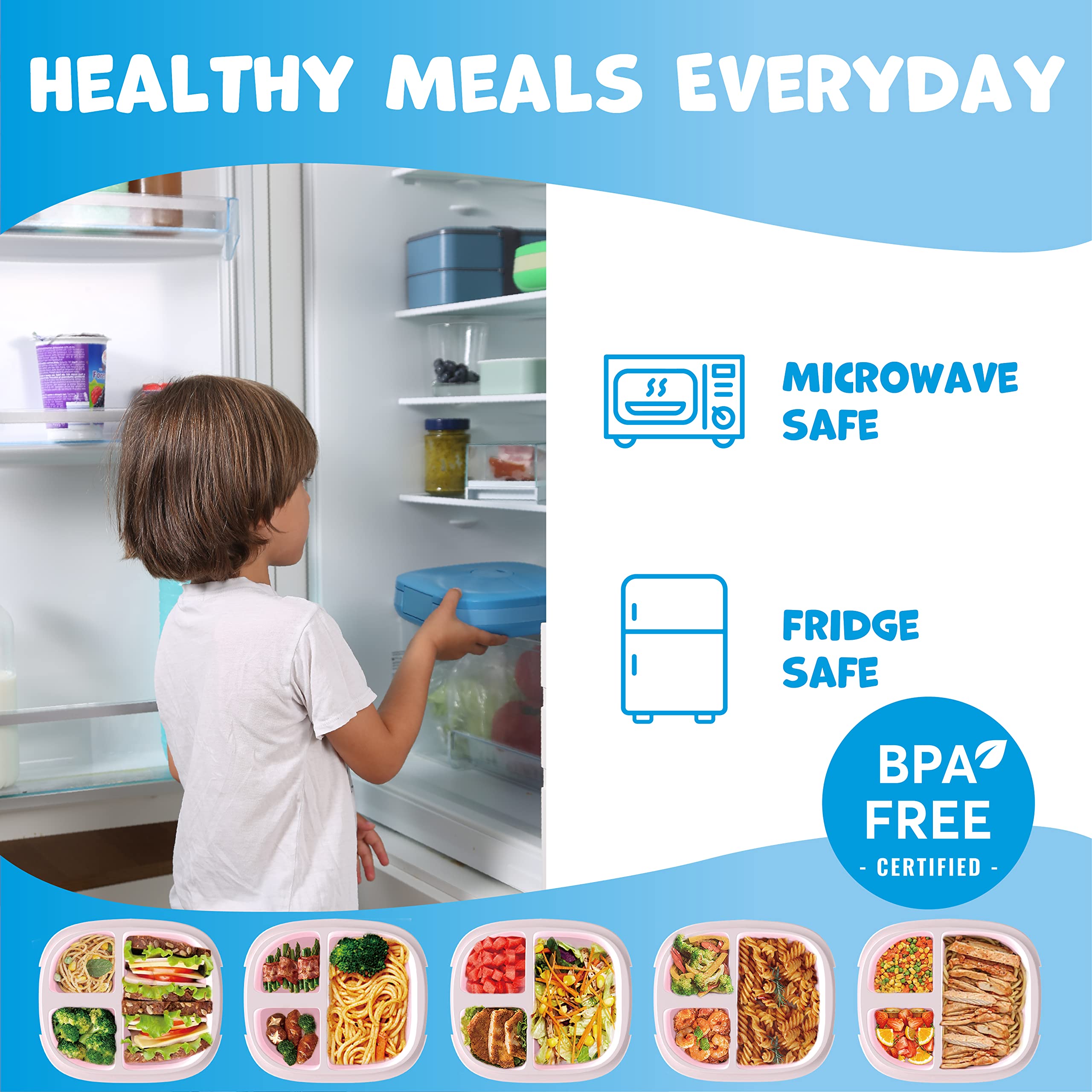 Umami All-in-1 Bento Box for Kids, Ice-pack & Utensils Included, 100% Leakproof & BPA free, Parents' favorite Lunch Box Kids (Blue, 27 oz)