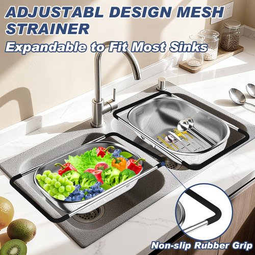 Over the Sink Colander, Expandable Strainers and Colanders with Fine Mesh, Colander for Kitchen with Rubber Grip for Draining Pasta, Vegetables and Fruits - Essential Kitchen Sink Strainer