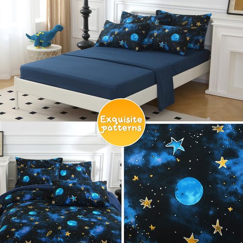 Aqzuxira Glow in The Dark Kids Comforter Set, 5 Pieces Blue Space Bedding Set Twin Size for Boys Girls Teen, 1 Comforter, 1 Pillowcase, 1 Pillow Sham, 1 Flat Sheet, 1 Fitted Sheet