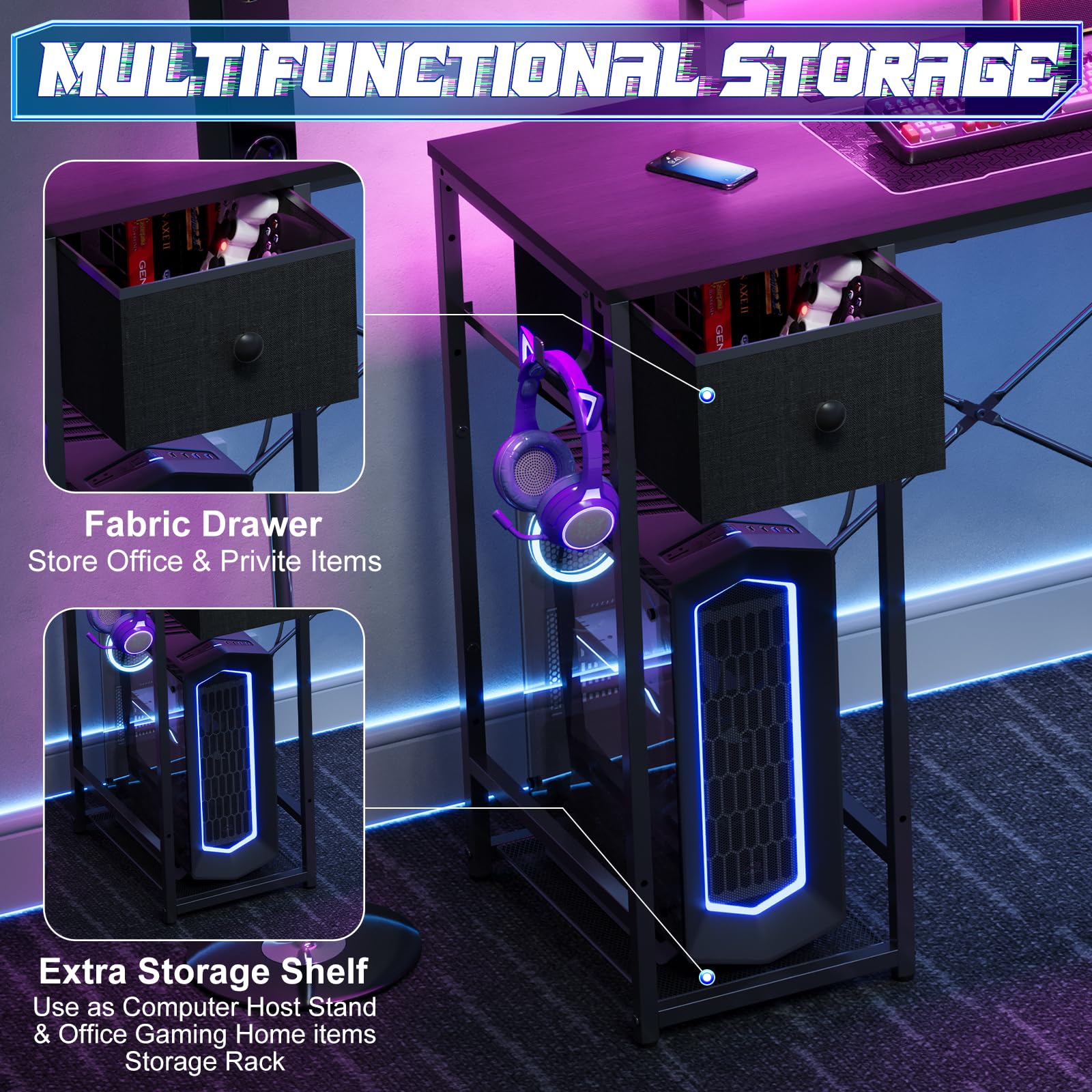 X-cosrack 33.5" Small Gaming Desk with LED Lights & Power Outlets, Compact Computer Desk with Monitor Stand & CPU Stand, Gamer Table with Storage Drawer, Side Hooks for Home Office, Bedroom, Black