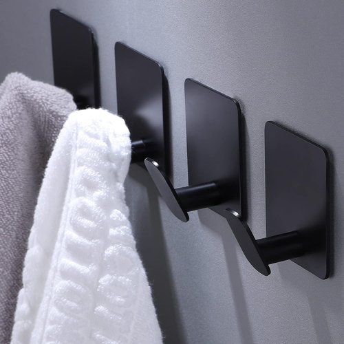 DELITON Adhesive Hooks - 4 Pack Wall Hooks for Towel & Coat | Matte Black Stainless Steel Finish