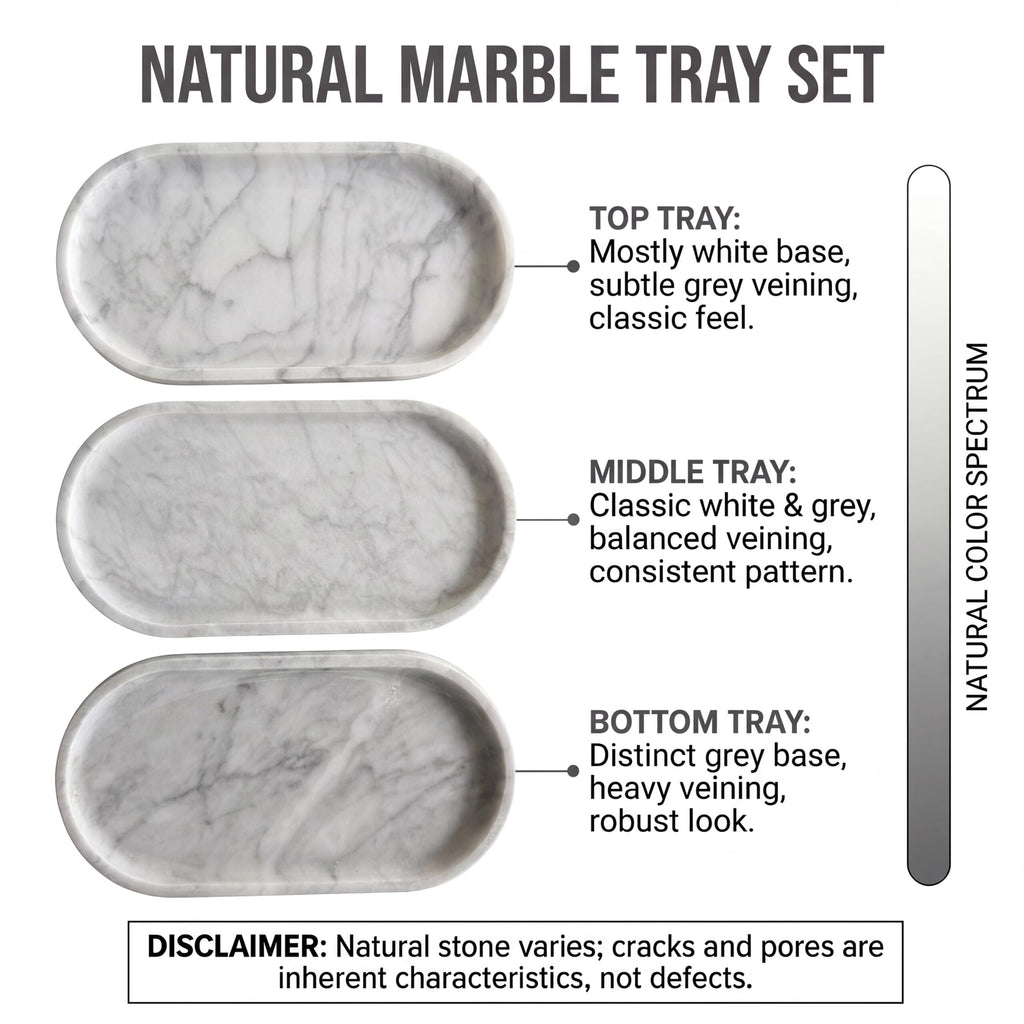 YKAJO 11.6" x 5.9" Oval Real Marble Tray for Bathroom & Kitchen Counter — 100% Natural Stone Decorative Vanity Tray for Dresser & Perfume — Heavy Catchall Organizer for Soap & Jewelry, White Gray