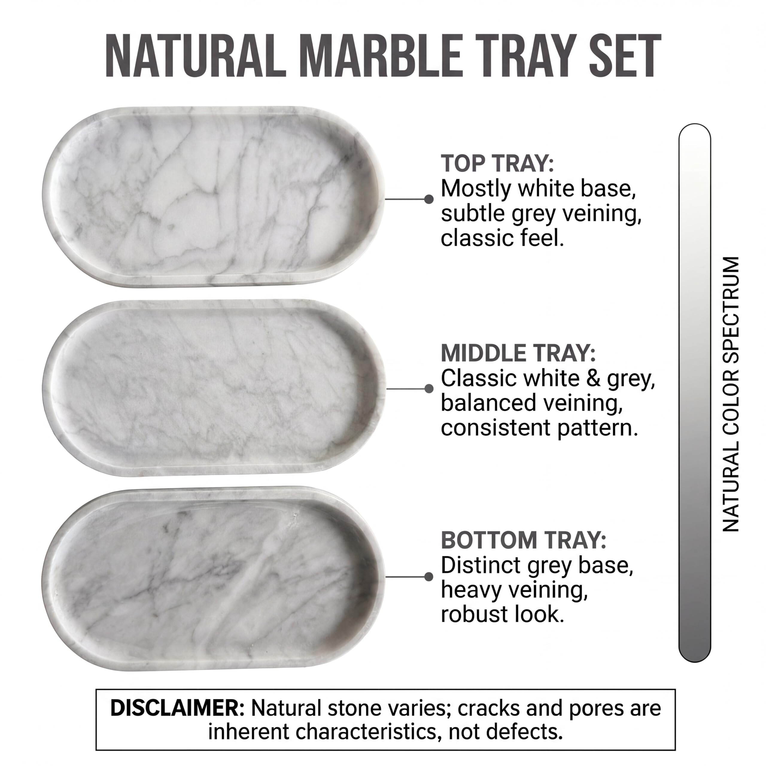 YKAJO 11.6" x 5.9" Oval Real Marble Tray for Bathroom & Kitchen Counter — 100% Natural Stone Decorative Vanity Tray for Dresser & Perfume — Heavy Catchall Organizer for Soap & Jewelry, White Gray