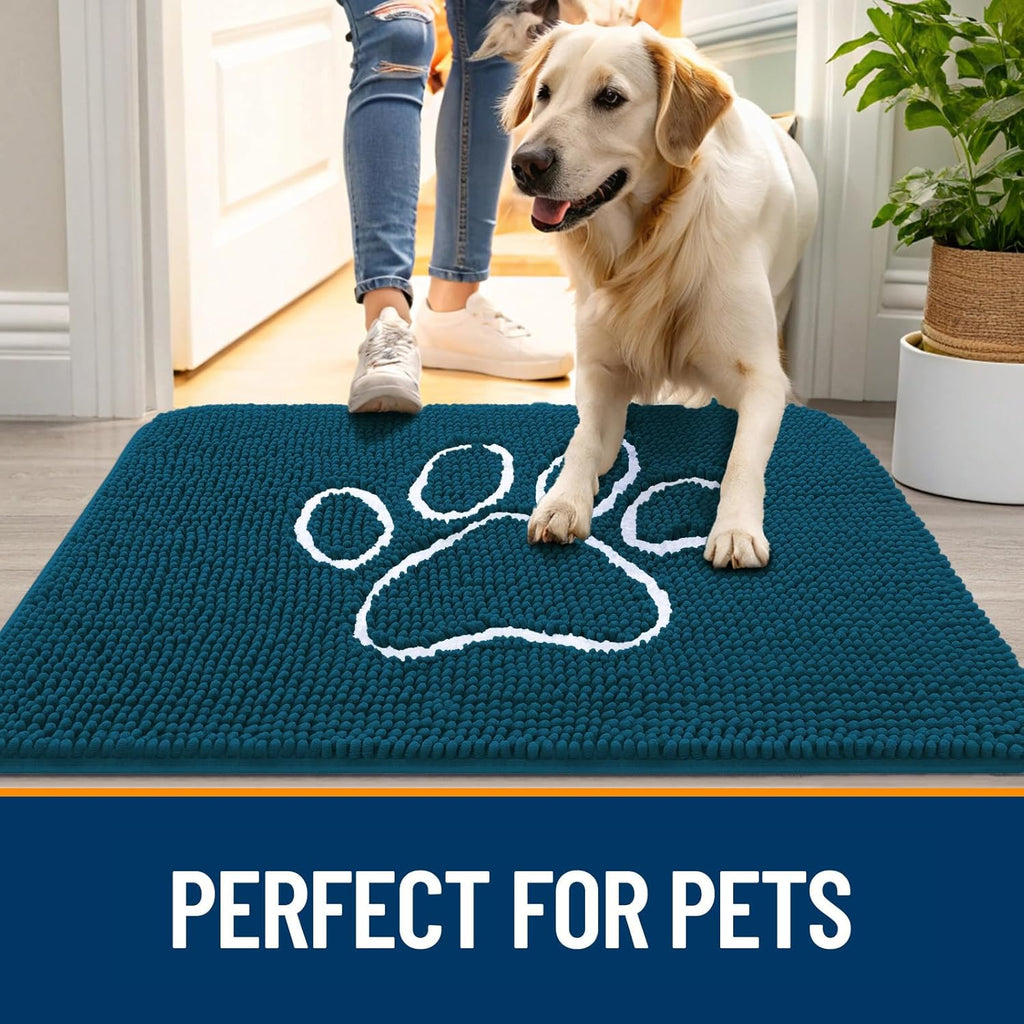 OLANLY Dog Door Mat - Absorbent Non-Slip Muddy Paws Design | Quick Dry Chenille 32x20, Atlantic Blue