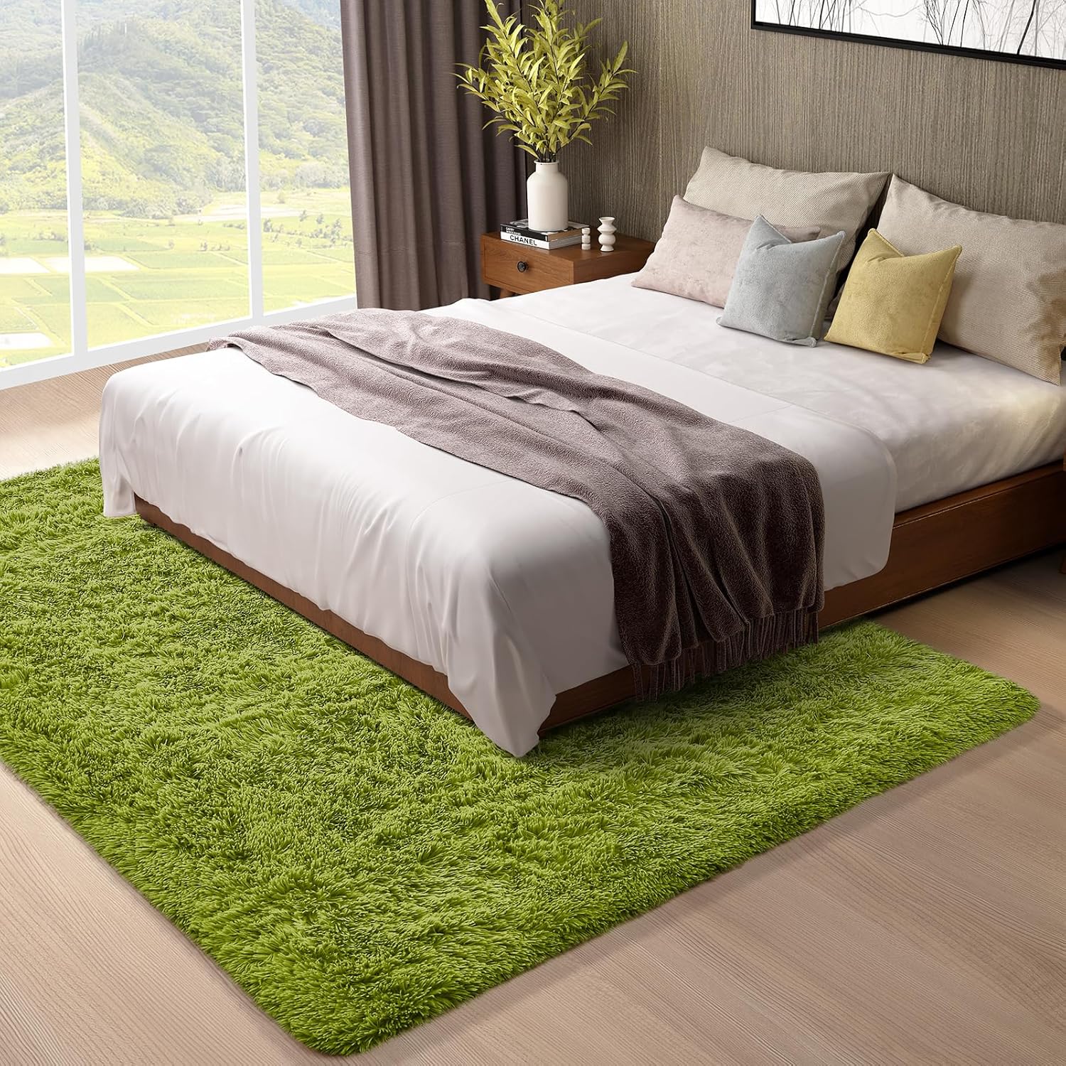 Ophanie Green Area Rug - Soft Fluffy Shag Carpet for Living Room & Bedroom | 5x8 Size