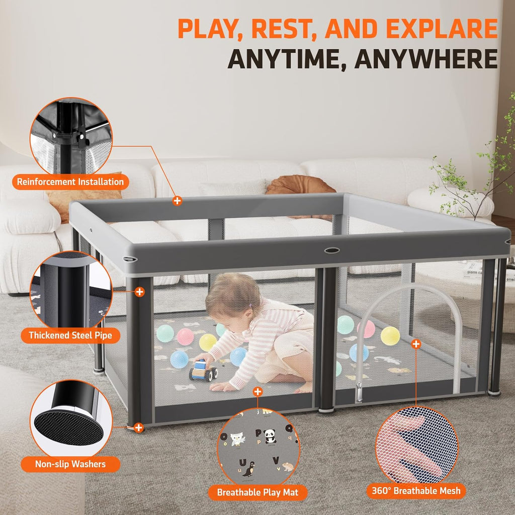 Skiennix Foldable Baby Playpen - 50" x 50" Collapsible Playard for Indoor & Outdoor Use | Includes Travel Pack & 30 Ocean Balls