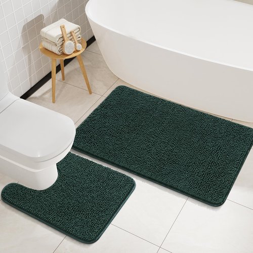 LOCHAS Bathroom Rugs Sets 2 Piece, Soft Non Slip Bath Mat Set, 20''x20'' U-Shaped Toilet Rug and 34''x21'' Hunter Green Bath Rugs, Washable Absorbent Chenille Toilet Rug Set for Bathroom, Shower