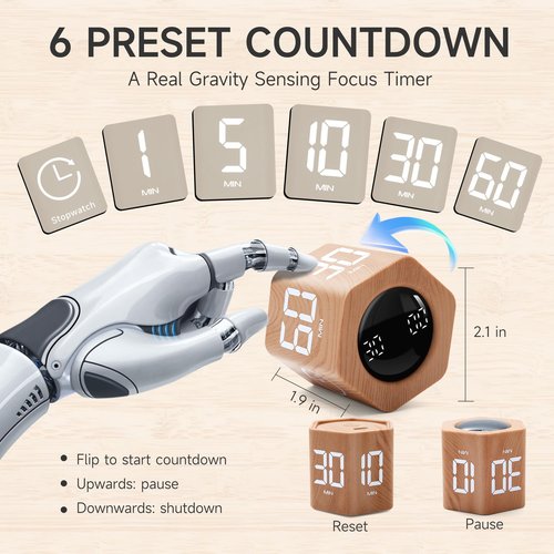 Exlliy Productivity Timer 1, 5, 10, 30, 60 Minutes Preset, Desk Cube Timer with Gravity Sensor/Mute/Vibration for ADHD, Work, Study, Kitchen, Back to School (1, Wood Grain)