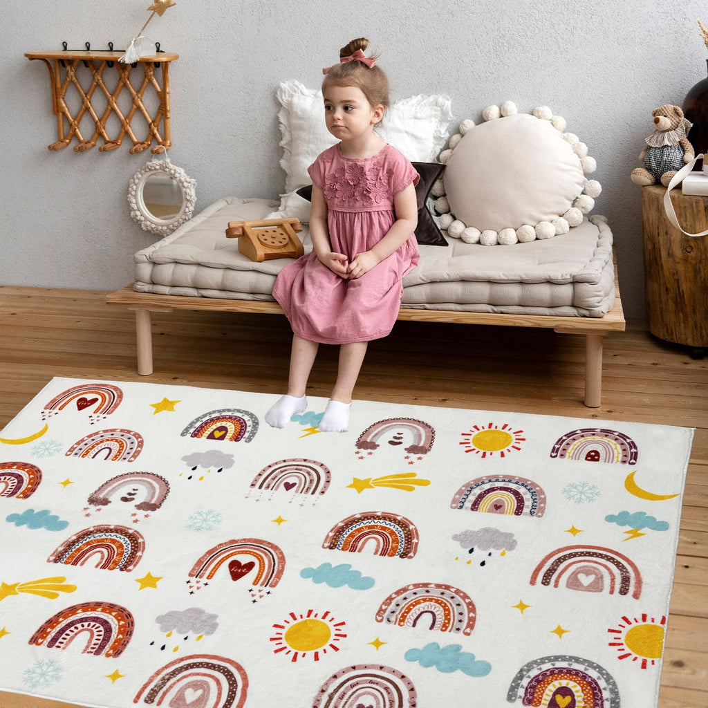 Mishareal Boho Rainbow Soft Kids Play Rug, Washable Foldable Baby Crawling Floor Mat, Non Slip Nursery Area Rug for Children Living Room Playroom Classroom Bathroom Bedroom Kids Room Decor