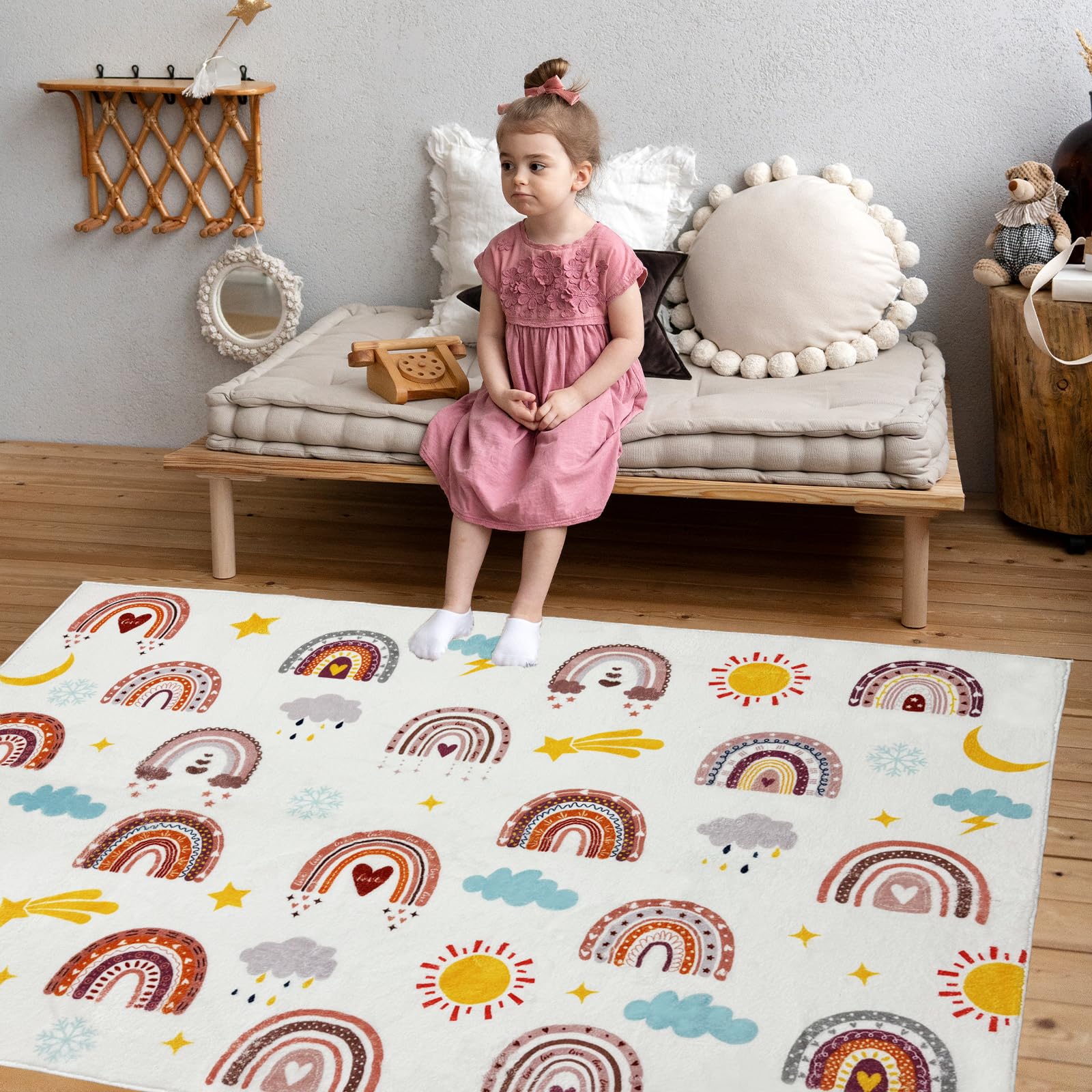 Mishareal Boho Rainbow Soft Kids Play Rug, Washable Foldable Baby Crawling Floor Mat, Non Slip Nursery Area Rug for Children Living Room Playroom Classroom Bathroom Bedroom Kids Room Decor